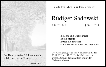 Anzeige von Rüdiger Sadowski von MGO