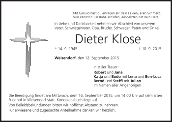 Anzeige von Dieter Klose von MGO