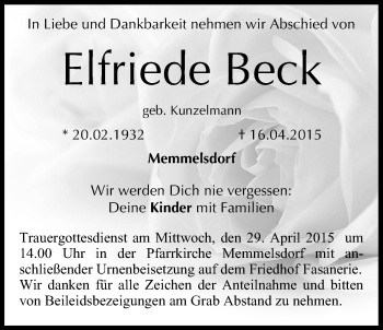 Anzeige von Elfriede Beck von MGO