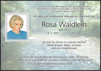 Anzeige von Rosa Waidlein von MGO