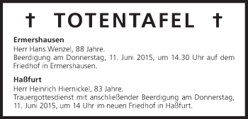 Anzeige von Totentafel vom 10.06.2015 von MGO