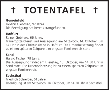 Anzeige von Totentafel vom 13.10.2015 von MGO