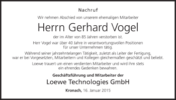 Anzeige von Gerhard Vogel von MGO