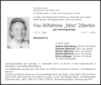 Anzeige von Wilhelmine Zöberlein von MGO