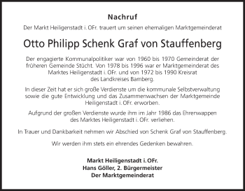 Anzeige von Otto Philipp Schenk Graf von Stauffenberg von MGO