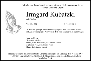 Anzeige von Irmgard Kubatzki von MGO
