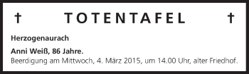 Anzeige von Totentafel vom 28.02.2015 von MGO