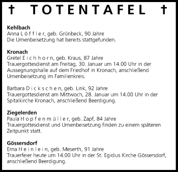 Anzeige von Totentafel vom 27.01.2015 von MGO