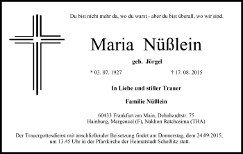 Anzeige von Maria Nüßlein von MGO