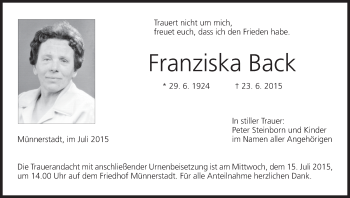 Anzeige von Franziska Back von MGO