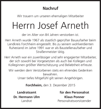 Anzeige von Josef Arneth von MGO