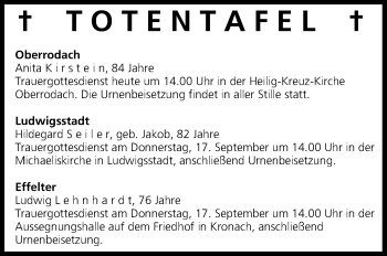 Anzeige von Totentafel vom 16.09.2015 von MGO