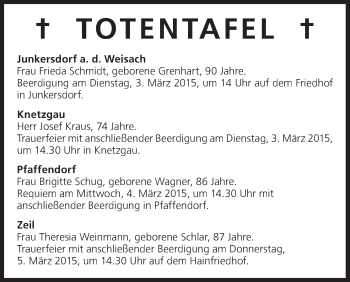 Anzeige von Totentafel vom 03.03.2015 von MGO