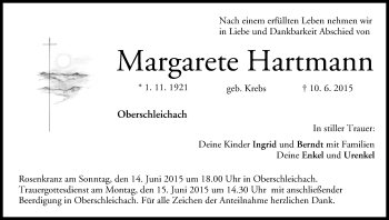 Anzeige von Margarete Hartmann von MGO