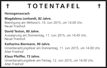 Anzeige von Totentafel vom 09.06.2015 von MGO