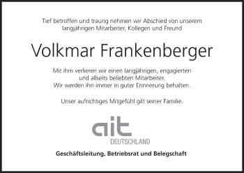 Anzeige von Volkmar Frankenberger von MGO