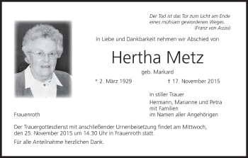 Anzeige von Hertha Metz von MGO