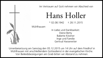 Anzeige von Hans Holler von MGO