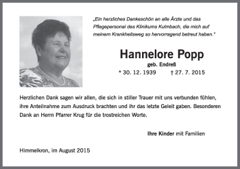 Anzeige von Hannelore Popp von MGO
