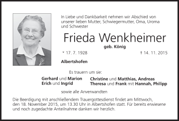 Anzeige von Frieda Wenkheimer von MGO