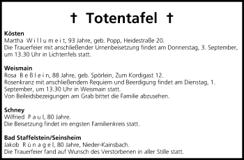 Anzeige von Totentafel vom 01.09.2015 von MGO