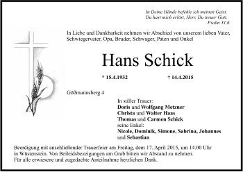 Anzeige von Hans Schick von MGO