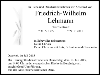 Anzeige von Friedrich-Wilhelm Lehmann von MGO