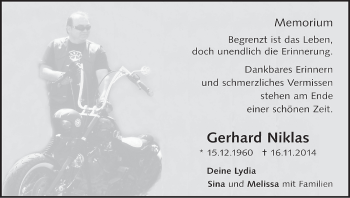 Anzeige von Gerhard Niklas von MGO