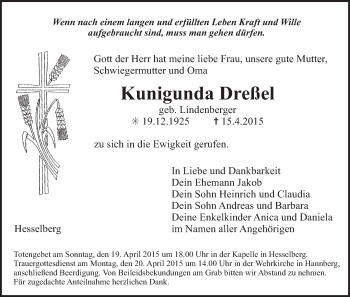 Anzeige von Kunigunda Dreßel von MGO