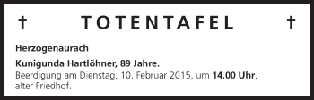 Anzeige von Totentafel vom 07.02.2015 von MGO