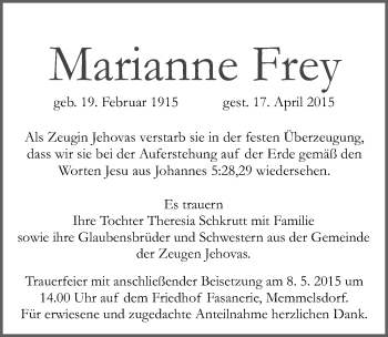 Anzeige von Marianne Frey von MGO