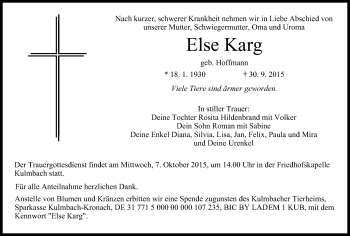 Anzeige von Else Karg von MGO