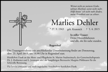 Anzeige von Marlies Dehler von MGO