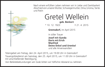 Anzeige von Gretel Wellein von MGO