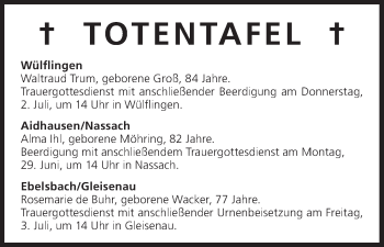 Anzeige von Totentafel vom 29.06.2015 von MGO