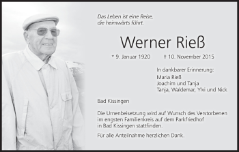 Anzeige von Werner Rieß von MGO