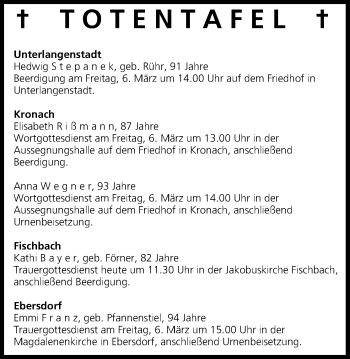 Anzeige von Totentafel vom 05.03.2015 von MGO