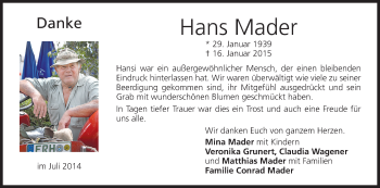 Anzeige von Hans Mader von MGO
