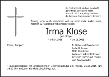 Anzeige von Irma Klose von MGO