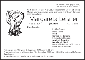 Anzeige von Margareta Leisner von MGO
