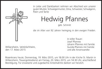 Anzeige von Hedwig Pfannes von MGO