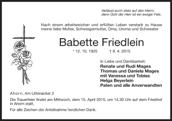 Anzeige von Babette Friedlein von MGO