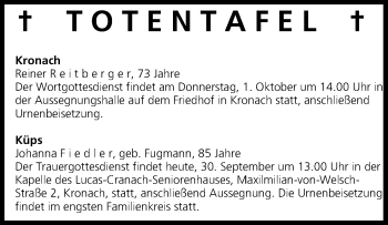Anzeige von Totentafel vom 30.09.2015 von MGO