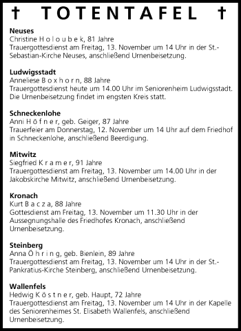 Anzeige von Totentafel vom 11.11.2015 von MGO