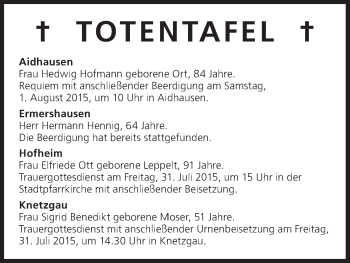 Anzeige von Totentafel vom 31.07.2015 von MGO