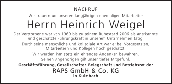 Anzeige von Heinrich Weigel von MGO