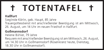 Anzeige von Totentafel vom 25.08.2015 von MGO