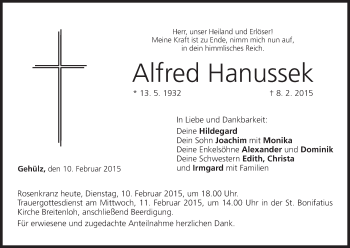 Anzeige von Alfred Hanussek von MGO
