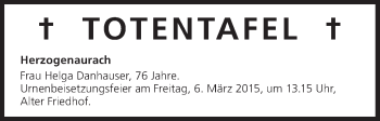 Anzeige von Totentafel vom 03.03.2015 von MGO