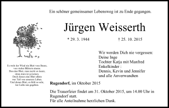 Anzeige von Jürgen Weisserth von MGO